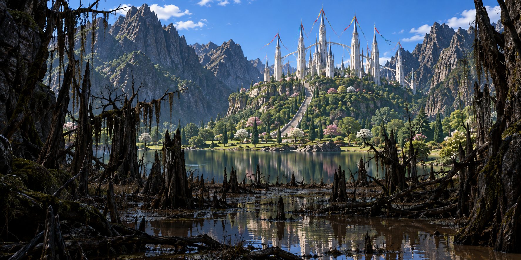A hidden valley of flowering trees and still water with a white many-spired palace at its head, seen from a dead swamp of black stumps and hanging vines