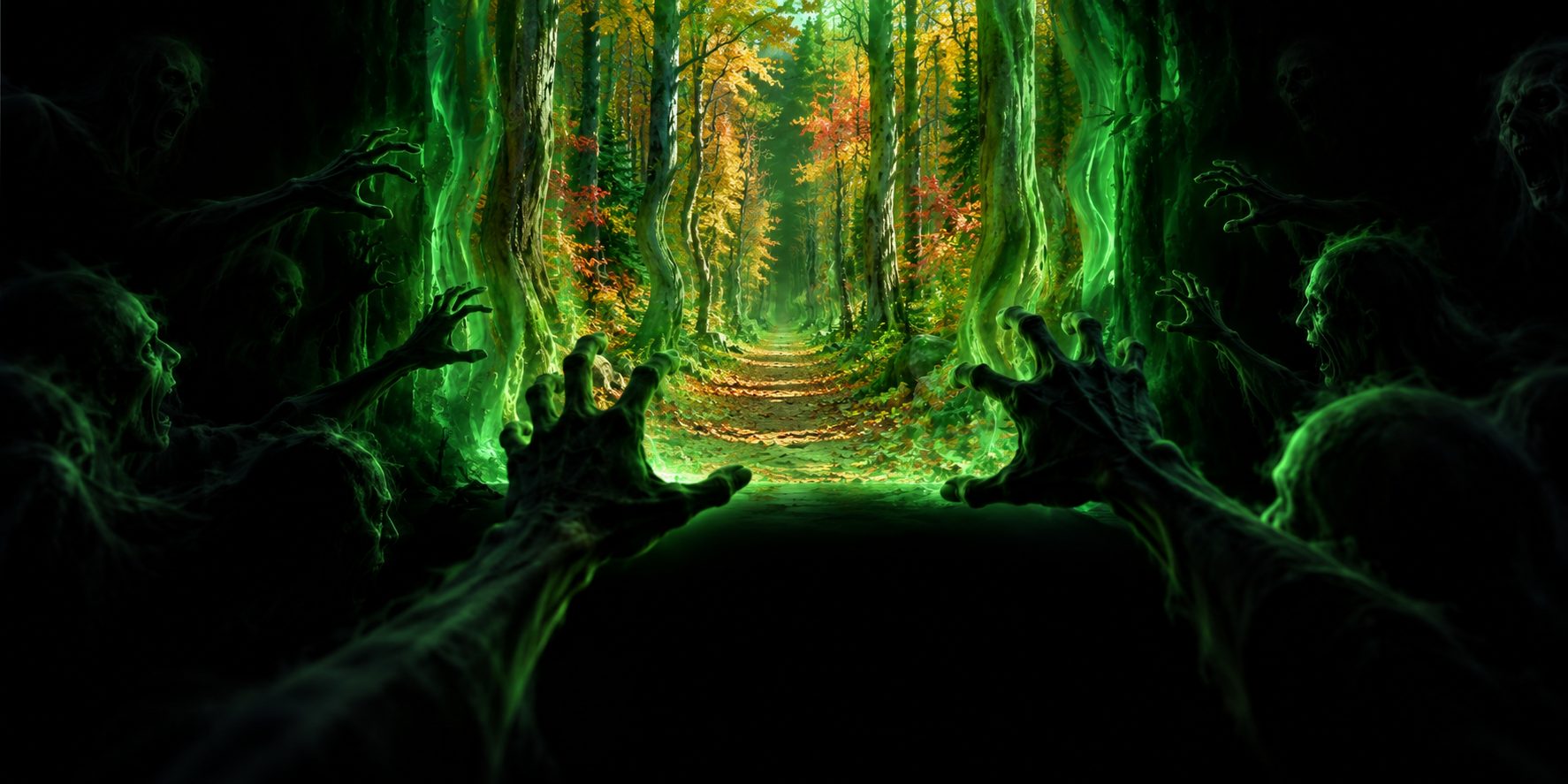 The Boundary from the dead side: dead hands reaching out of the blackness toward an autumn forest beyond a curtain of green light