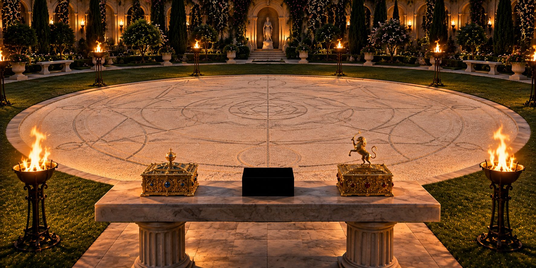 A circle of white sand at night crossed by drawn geometric lines, and at its near edge a pale stone altar carrying three boxes: two in jeweled gold covers, the third absolutely black