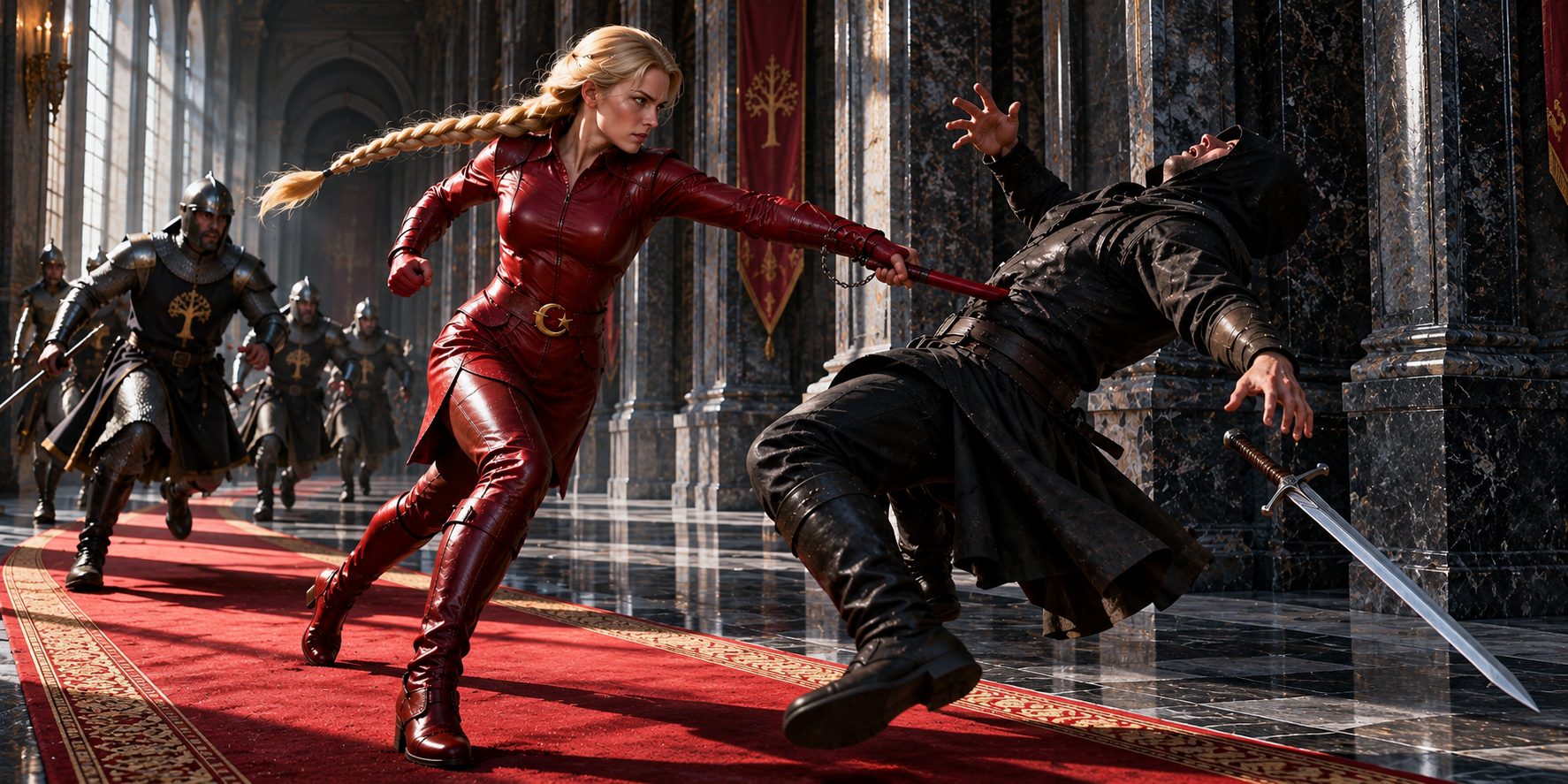 A woman in blood-red leather lunging forward on a palace carpet, her blonde braid swung out behind her, driving a short red rod into an assassin’s ribs