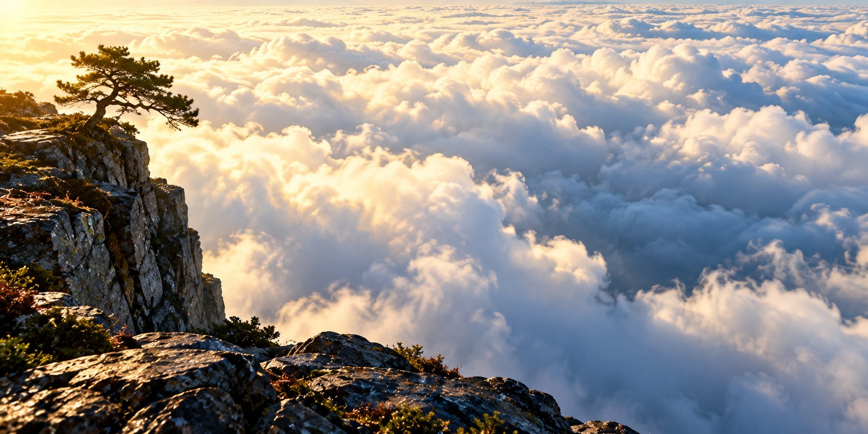 The edge of a high cliff above an unbroken sea of cloud lit by a low sun, one small pine on the rim