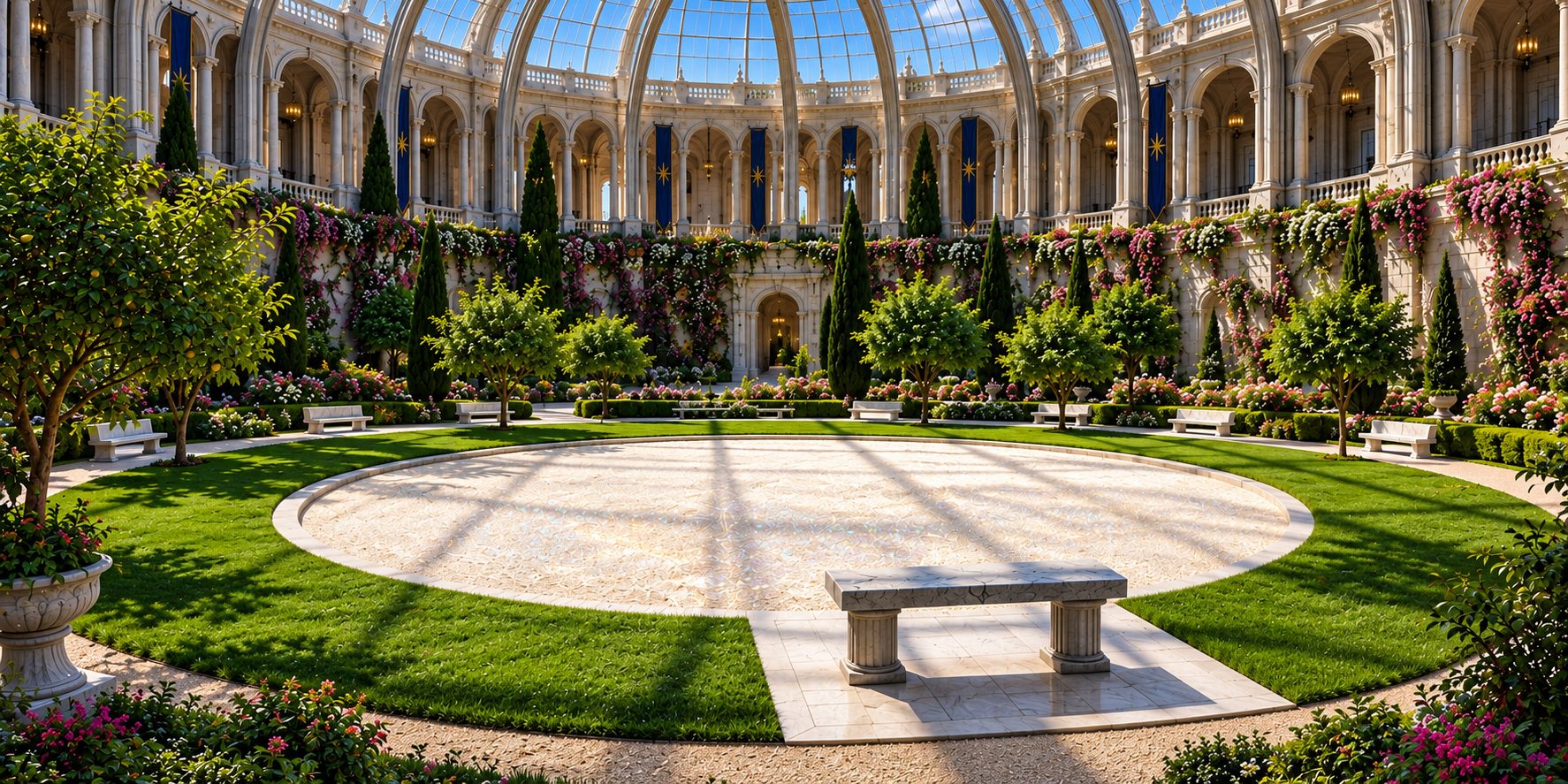A vast garden under a glass roof inside a stone palace, lawns and flowering vines, a circle of white sand with a low stone altar at its near edge