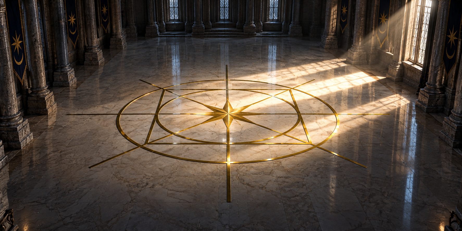 A Grace inlaid in brass in a marble floor: an outer circle, a square inside it, an inner circle, and an eight-pointed star with rays running out through both circles