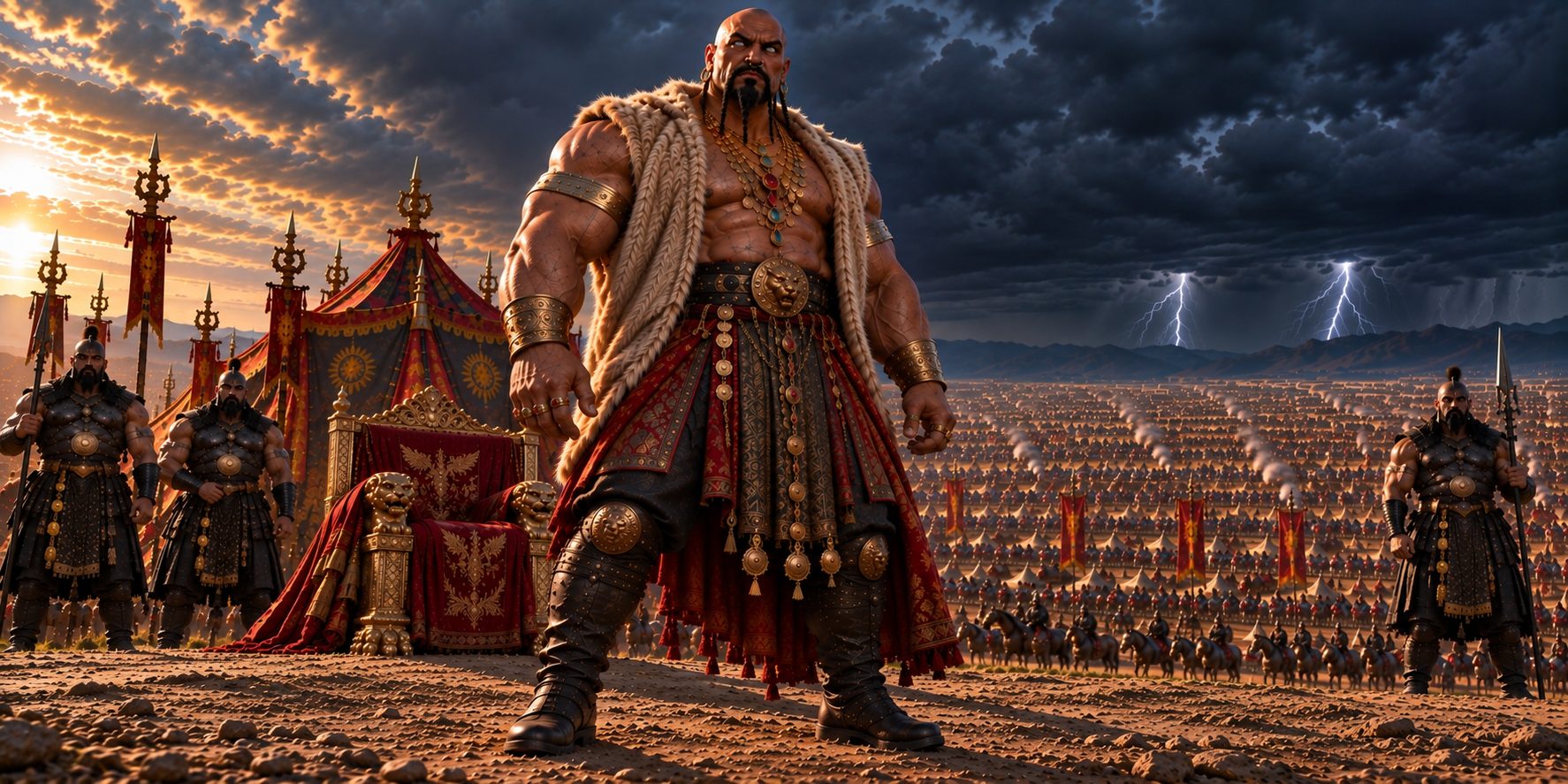 A massive shaven-headed emperor standing in front of an empty looted throne on a hilltop, his bare chest hung with gold chains, an army’s tents covering the land to the horizon behind him