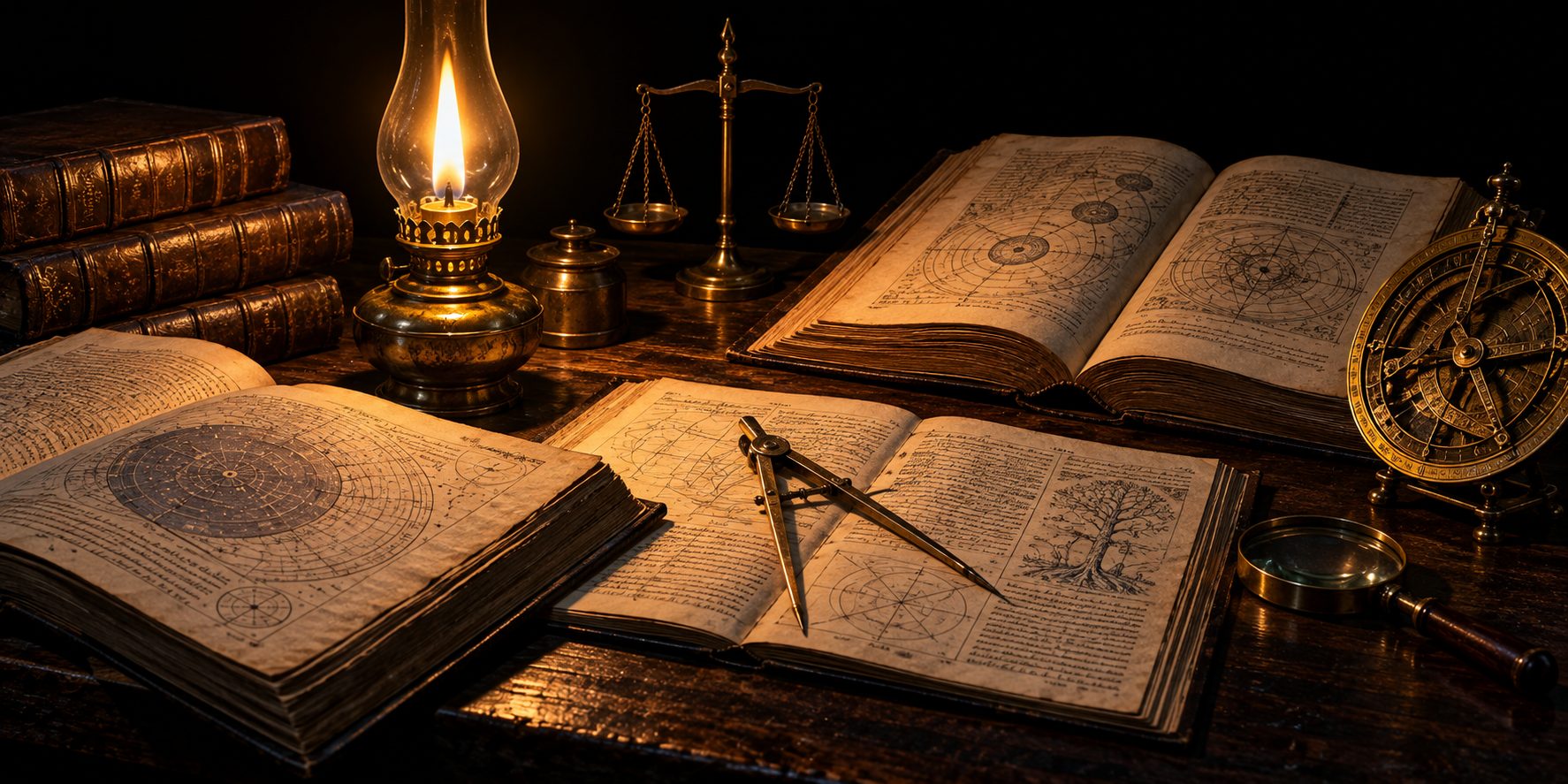 A single oil lamp on a table of open books and brass instruments, darkness beyond the circle of its light