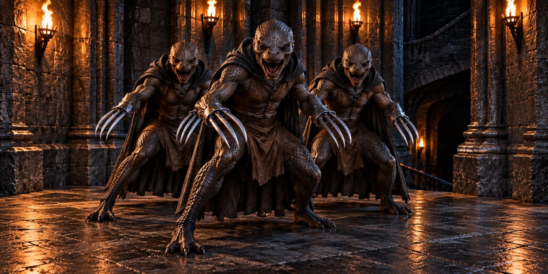 Three scaled beast-like figures in hooded stone-colored capes crouched low on a wide stone landing deep in a torchlit fortress stairwell, three long curved blades standing forward from each fist, every head turned toward the viewer