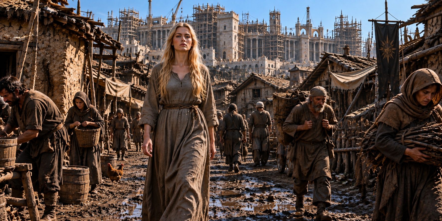 A blonde woman in a plain drab dress walking upright through a muddy lane of wattle-and-daub huts, the scaffolding of a huge half-built palace beyond