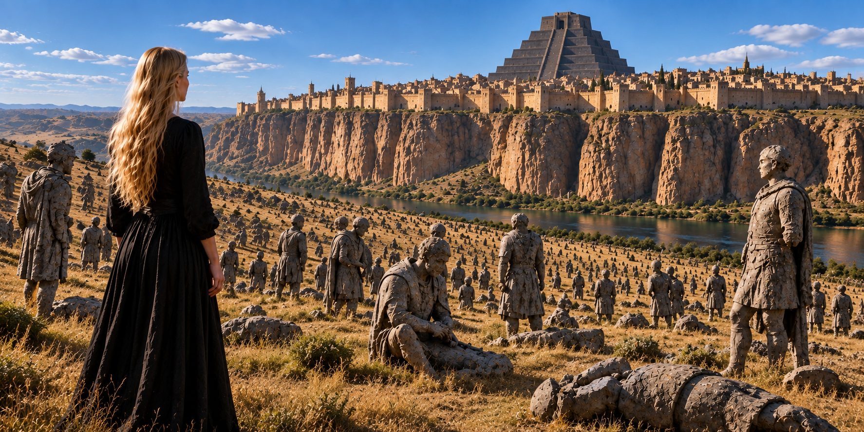 A blonde woman in a black dress looking across grassland of scattered, vandalized stone soldiers toward a sandstone plateau city, a stepped pyramid rising above its walls