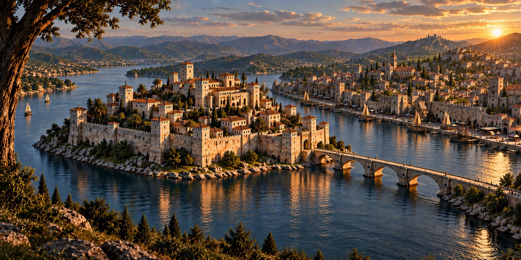 An ancient walled palace of pale stone filling an island in a wide river, one bridge to the shore, a port city with sailing ships beyond