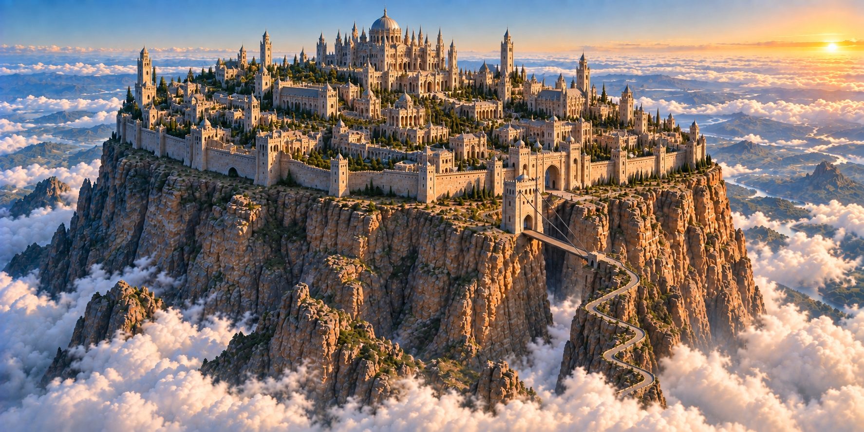 An immense pale palace covering a high rock plateau at dawn above an unbroken sea of white cloud, a switchback road climbing the cliff to a drawbridge over a chasm