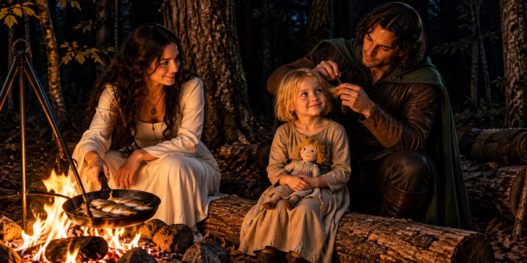 A night camp among pale trunks: a small girl with chopped yellow hair holding a rag doll, a man kneeling behind her evening her hair with scissors, a woman in white cooking fish at the fire