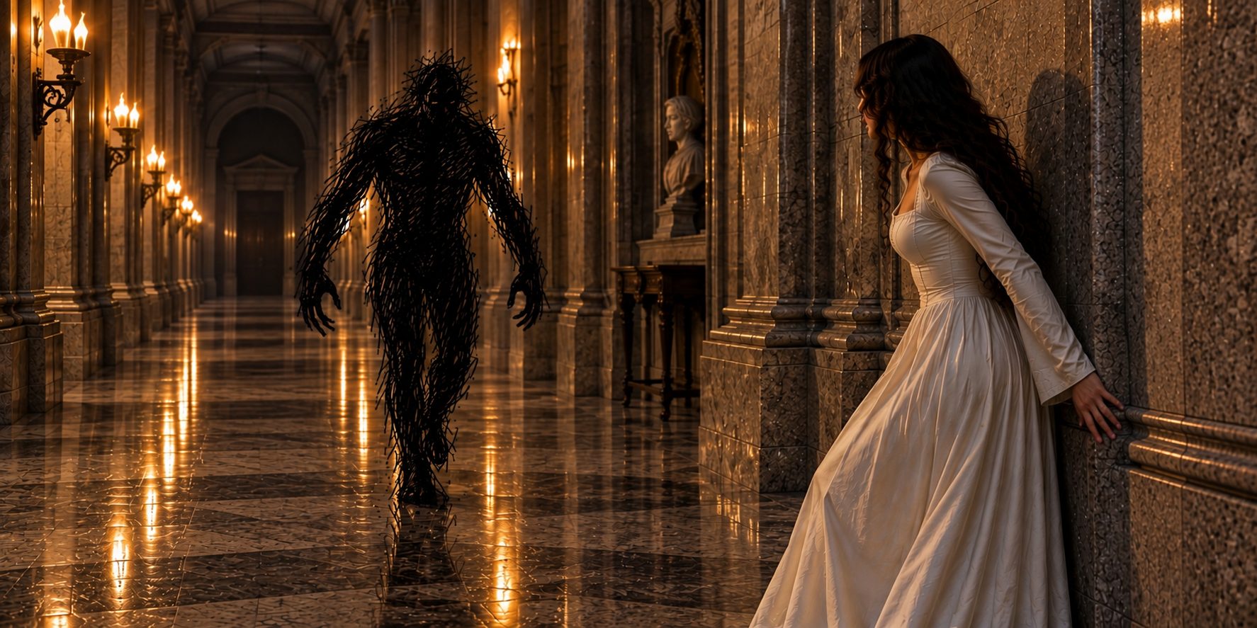 A lamplit granite corridor at night, a woman in a white dress pressed back against the wall, and a man-height figure made entirely of furious charcoal-black scribbles reaching for her with clawed hands