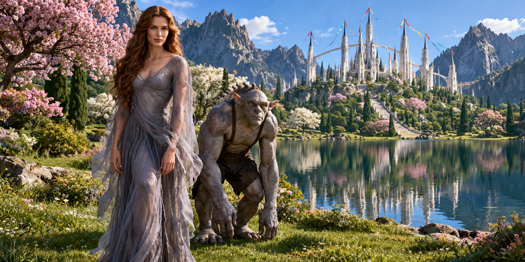 A woman with thick auburn hair in a gauzy gray dress standing on a lawn beside a mirror-still lake, a small gray long-armed creature crouched behind her, a pale many-towered palace across the water