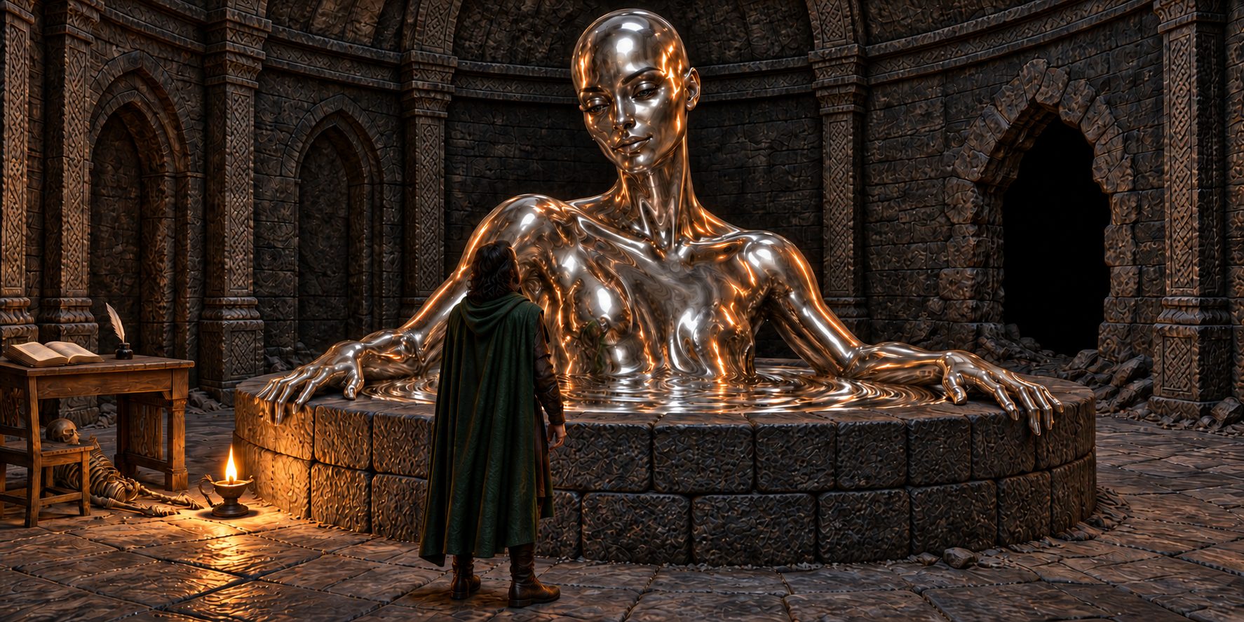A figure of living quicksilver risen out of a round stone well in a dark chamber, head and torso above the rim and long arms laid along it, a small man in a green cloak standing before it