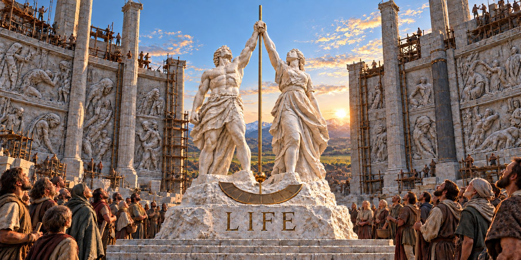 The finished statue standing in a plaza: a man and a woman in white marble holding the pole of a sundial, the word LIFE cut in the base, a crowd looking up at it in dawn light