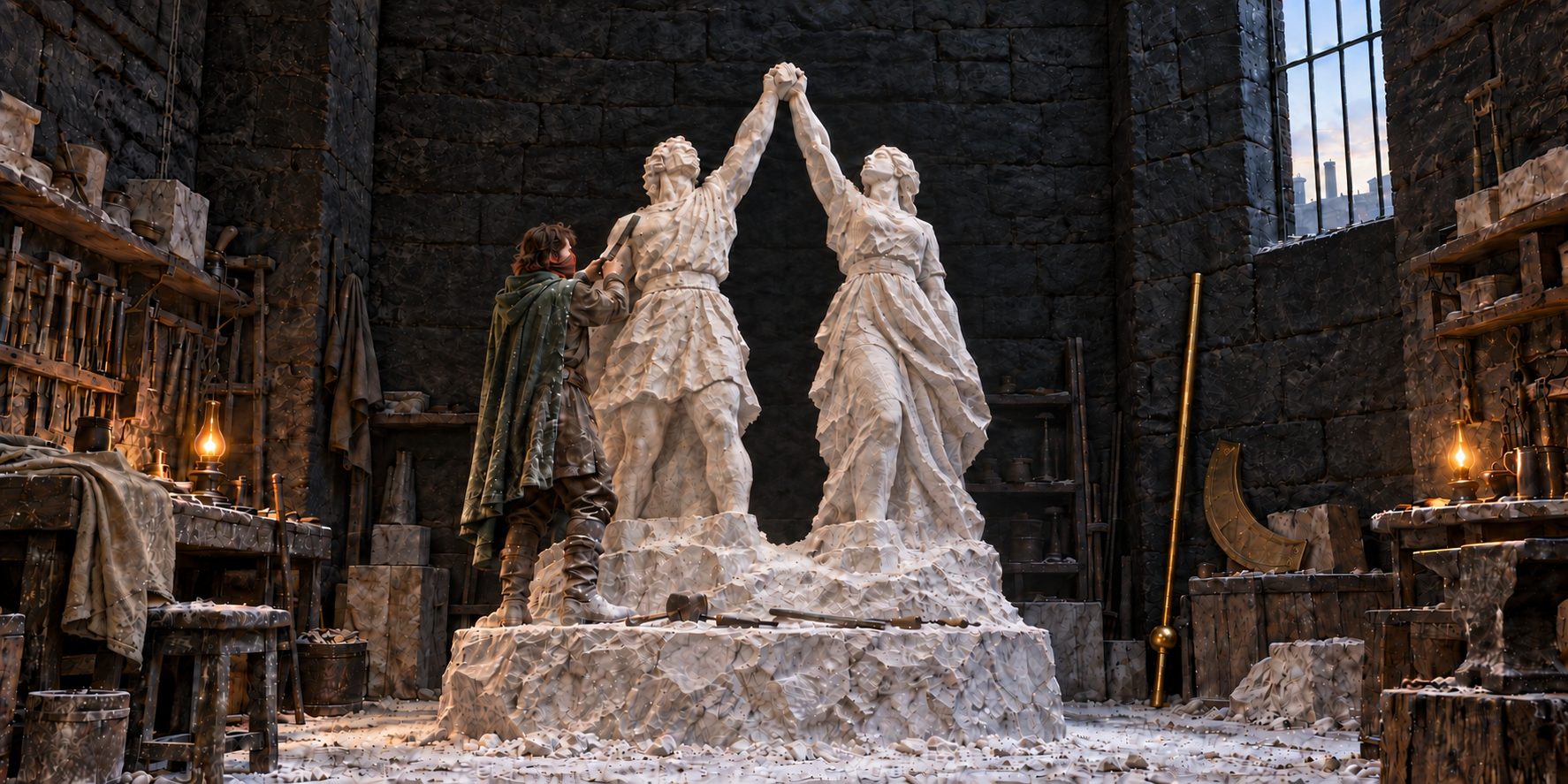 A part-carved marble statue of a man and a woman in a lamplit back room, raw stone below them, tools and marble dust everywhere, a dust-covered carver at work on it