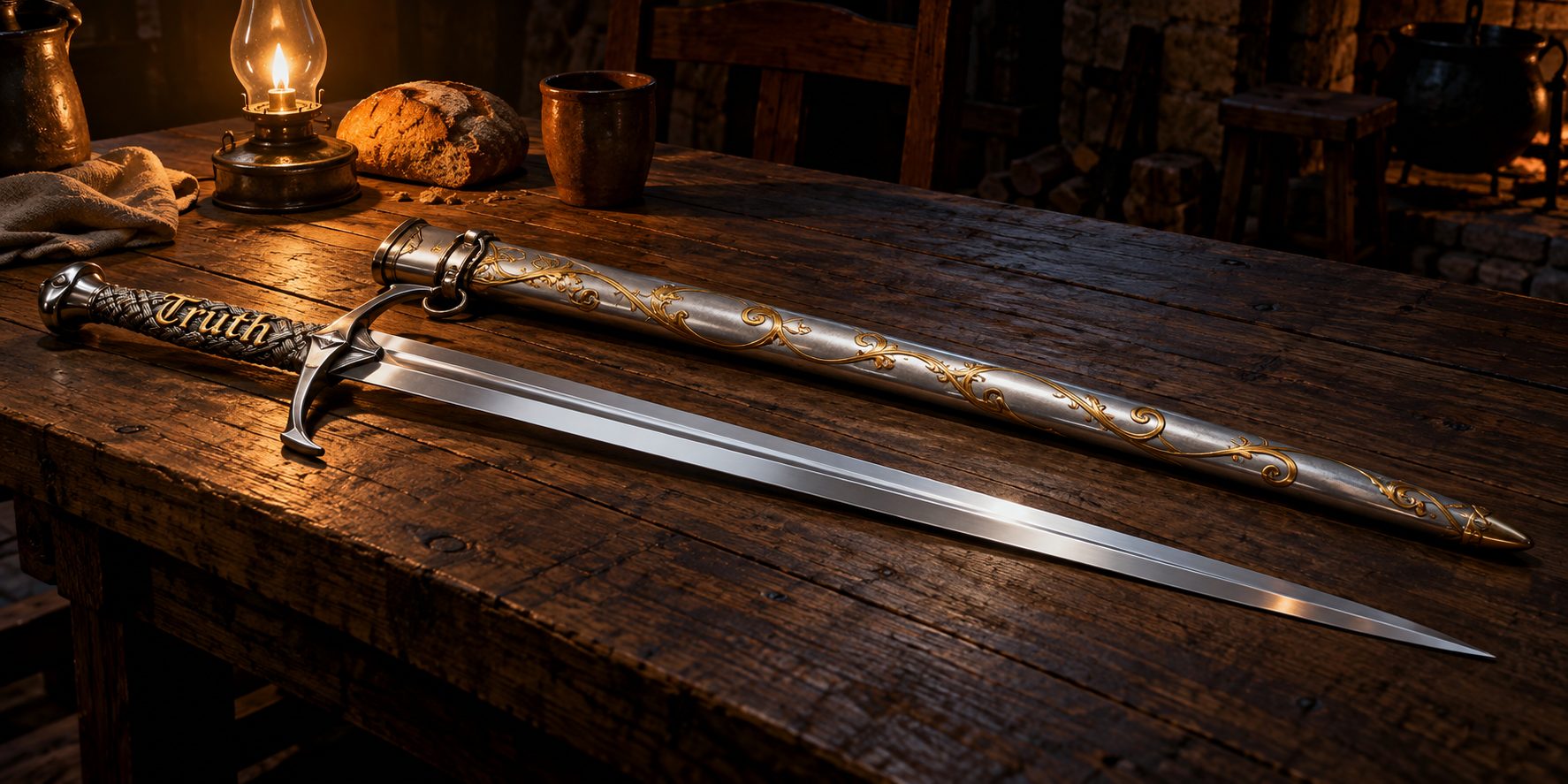 A silver longsword lying on dark wood beside a matching scabbard worked with gold, the word Truth in gold on the grip
