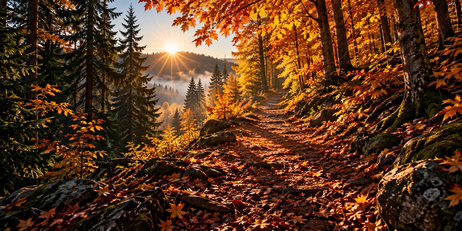 An autumn forest trail at sunrise, gold and red hardwoods among firs, mist in the valley below, the sun low between the trees