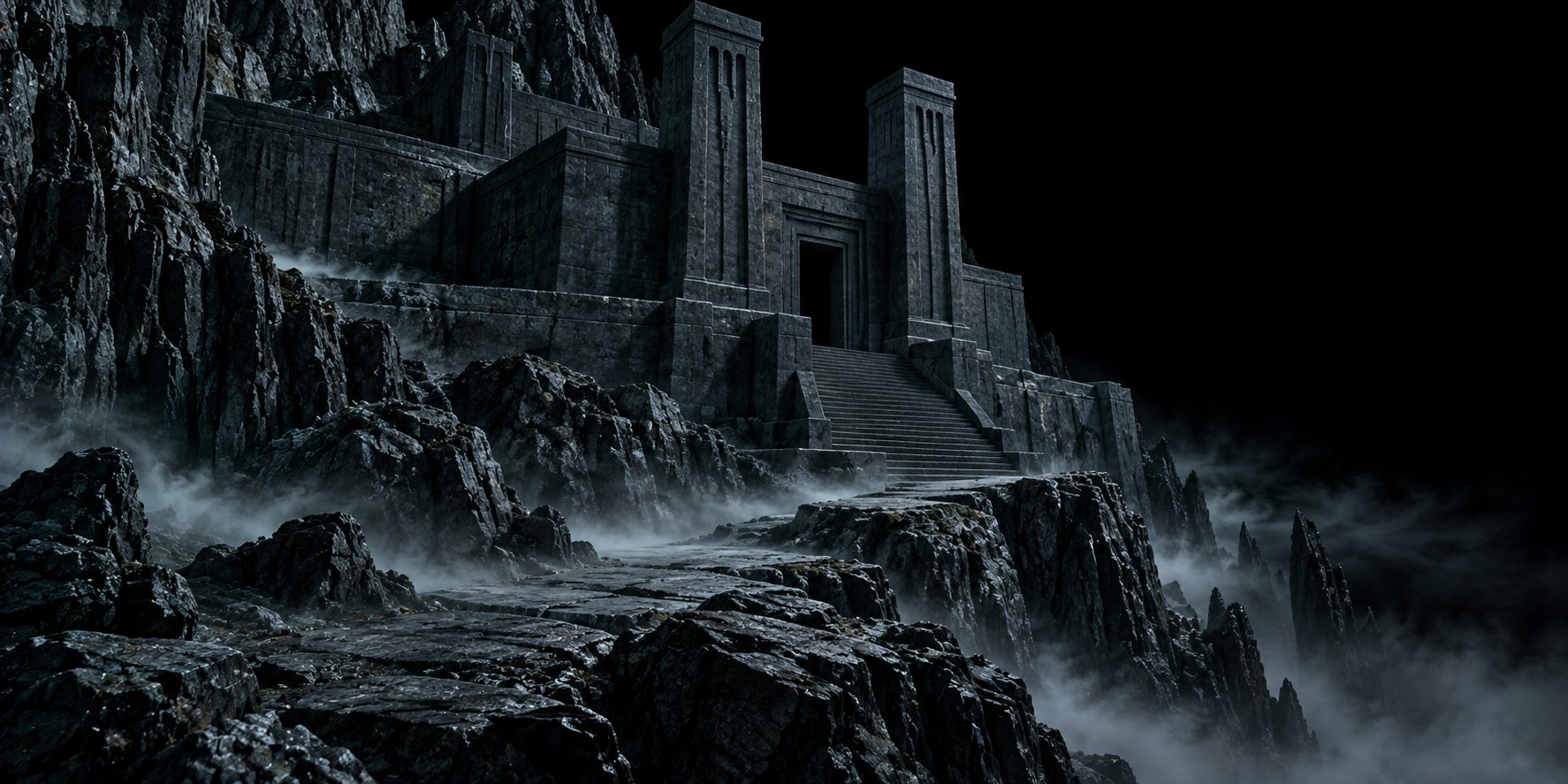 A colossal windowless temple of dark stone with two square front towers standing on a black mountainside, mist trailing low across the ground, no sky and no sun above it