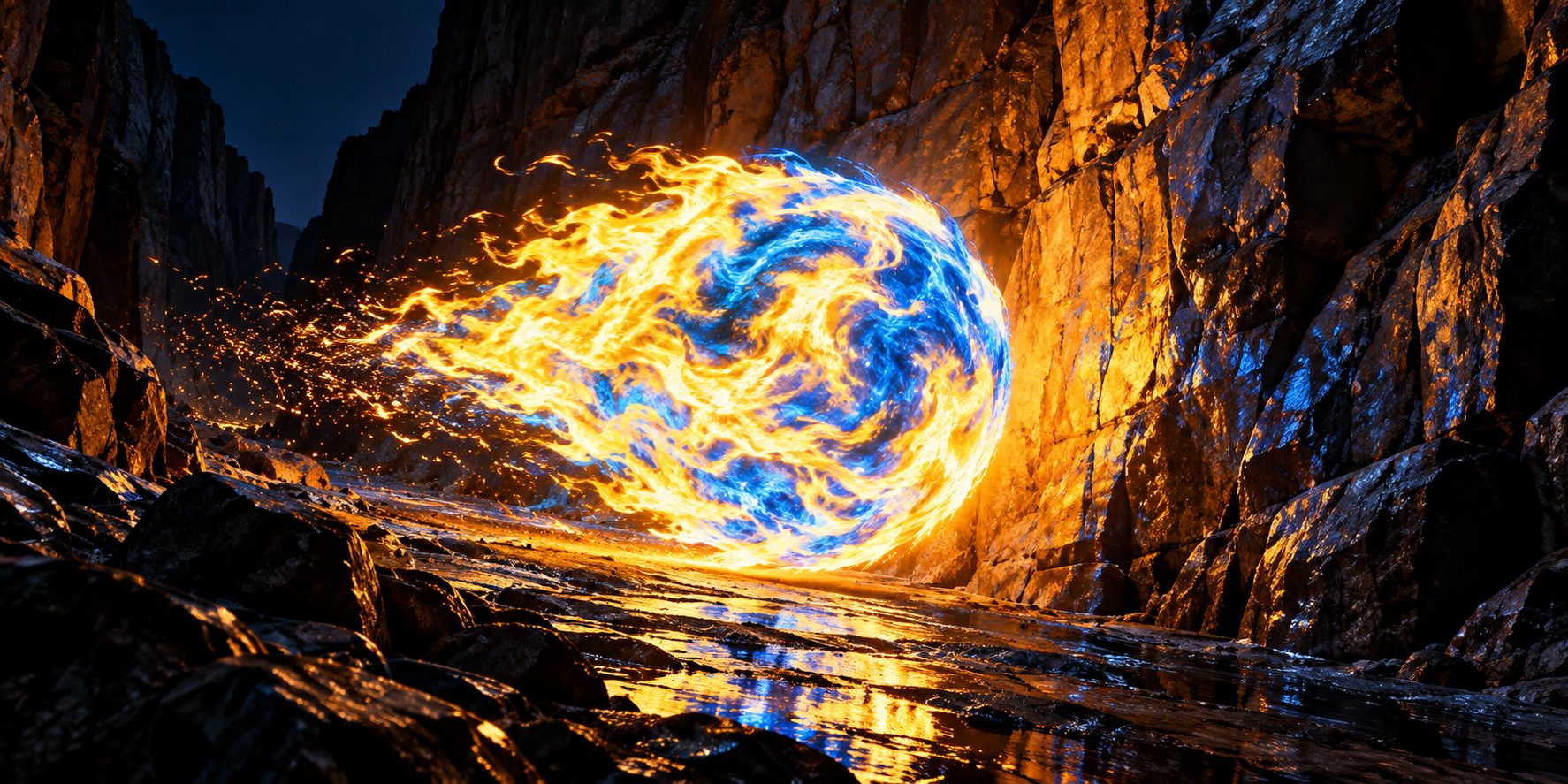 A roaring ball of liquid blue and yellow fire arcing down a dark canyon, lighting the wet rock on either side