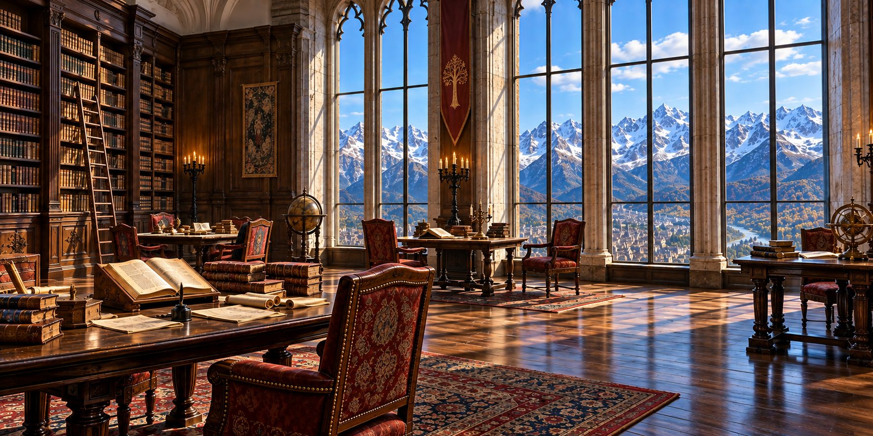 A great library in a stone fortress: shelves of old books floor to ceiling, long tables of open volumes and scrolls, tall windows down one side looking out on snowy mountains and a city far below