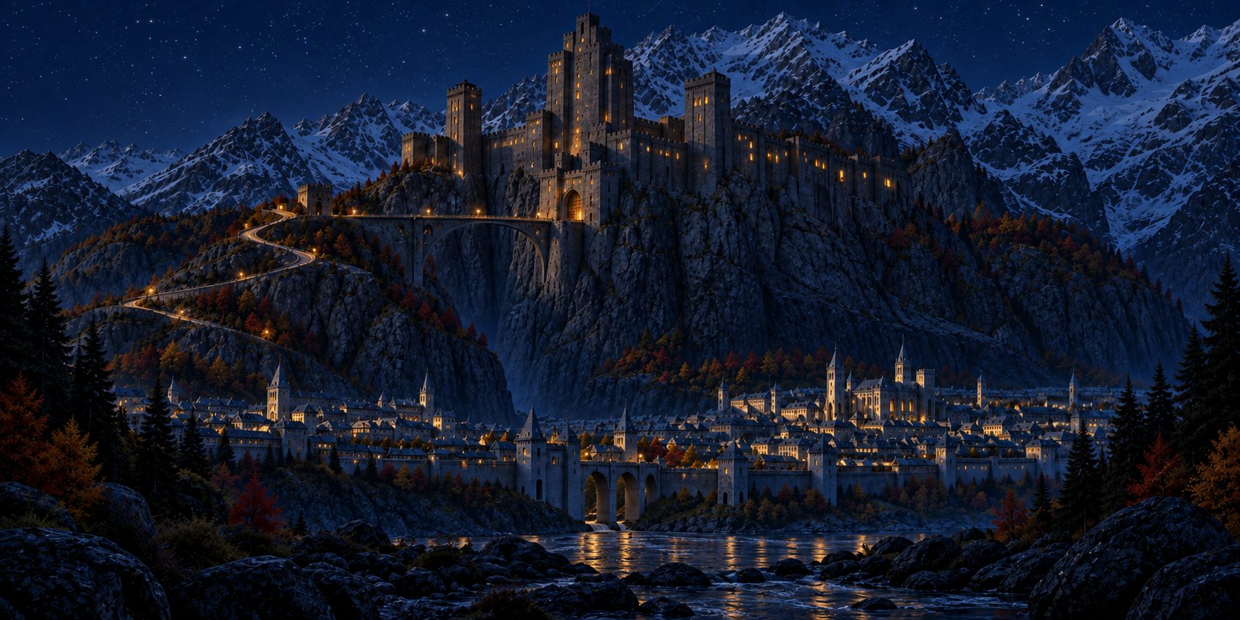 The Keep at night: dark stone towers along a cliff, gold light in their windows, a lamplit bridge across the chasm, a lit city on the river far below