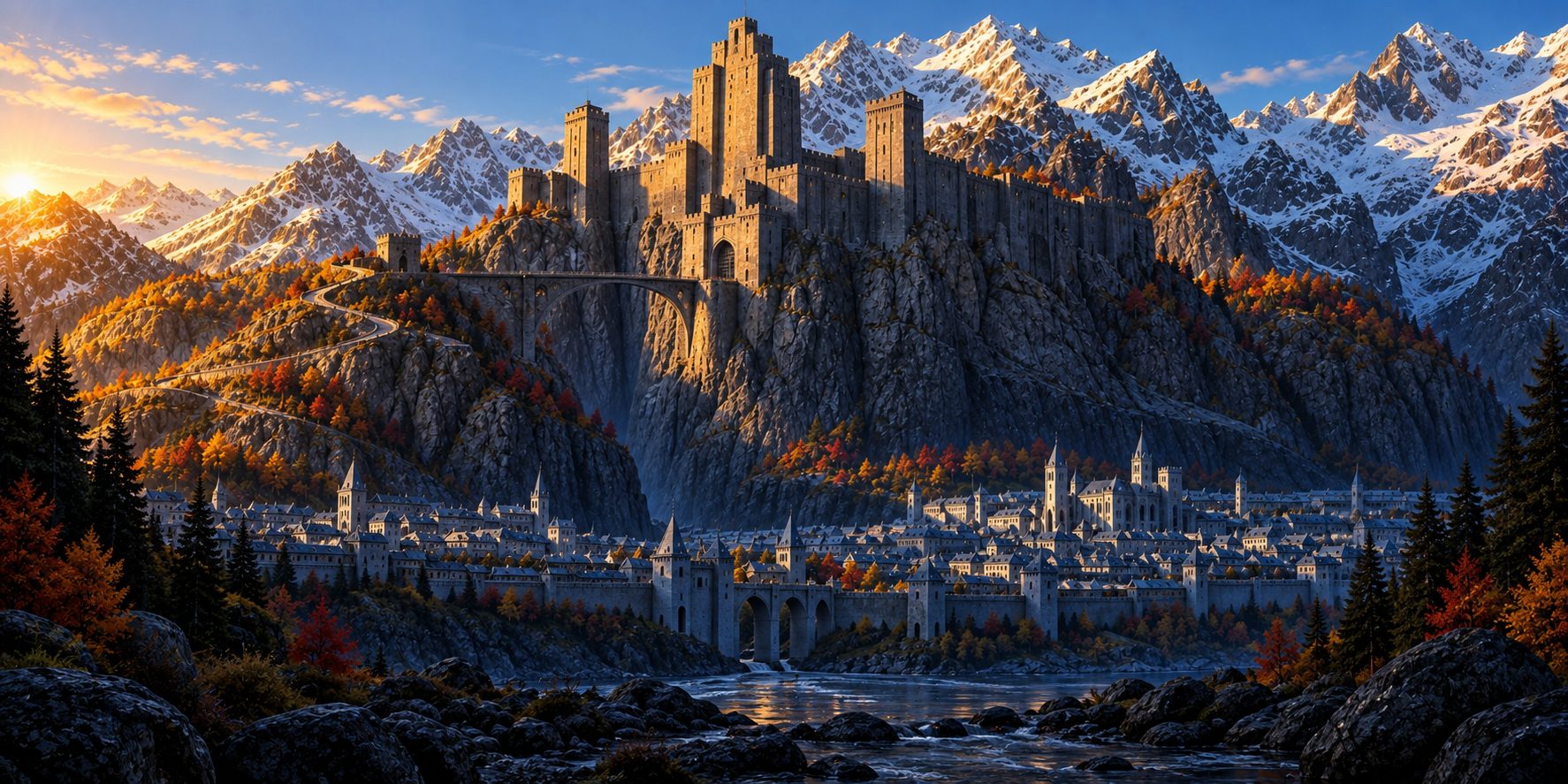 Sunrise over an immense stone fortress built into a mountain, a slender bridge over a chasm, a white city in the valley below